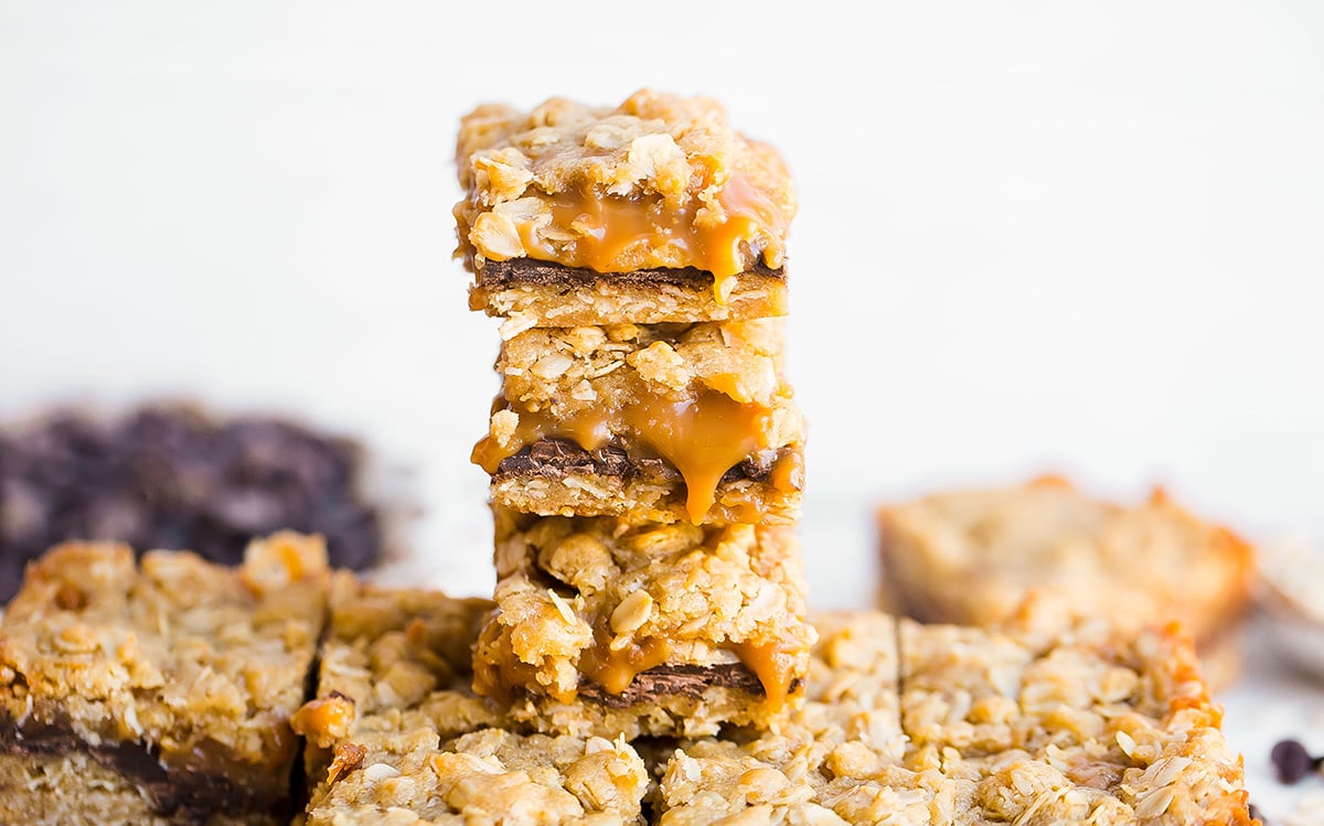 Stack of 3 carmelitas with caramel dripping down