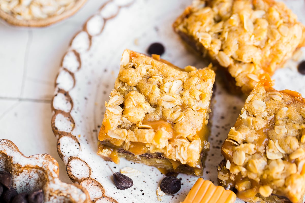 overhead carmelita bar with chocolate chips, oats and caramels