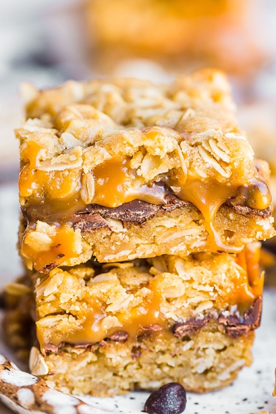 three gooey caramel bars