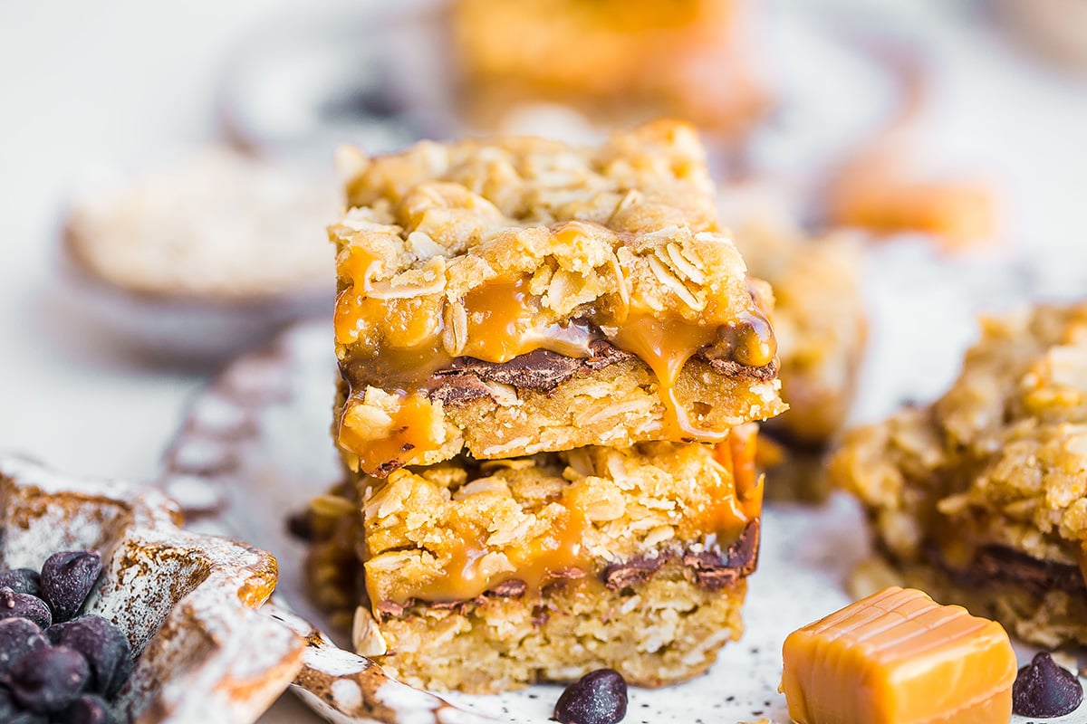 three gooey caramel bars