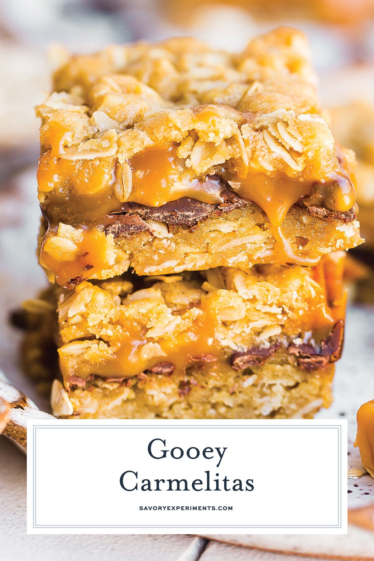 close up of gooey caramel bars