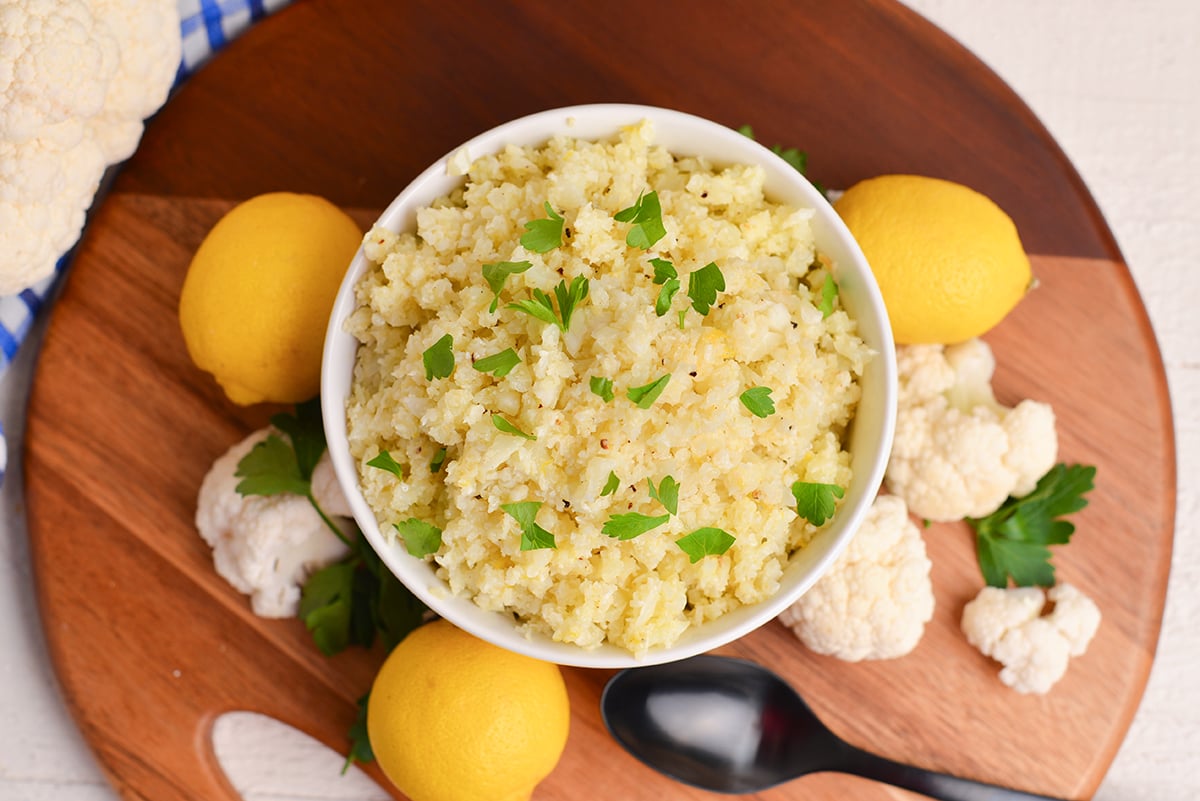 overhead shot of bowl of cauliflower rice