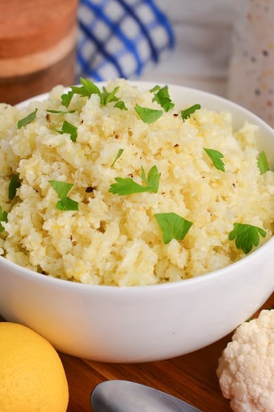 angled shot of bowl of cauliflower rice