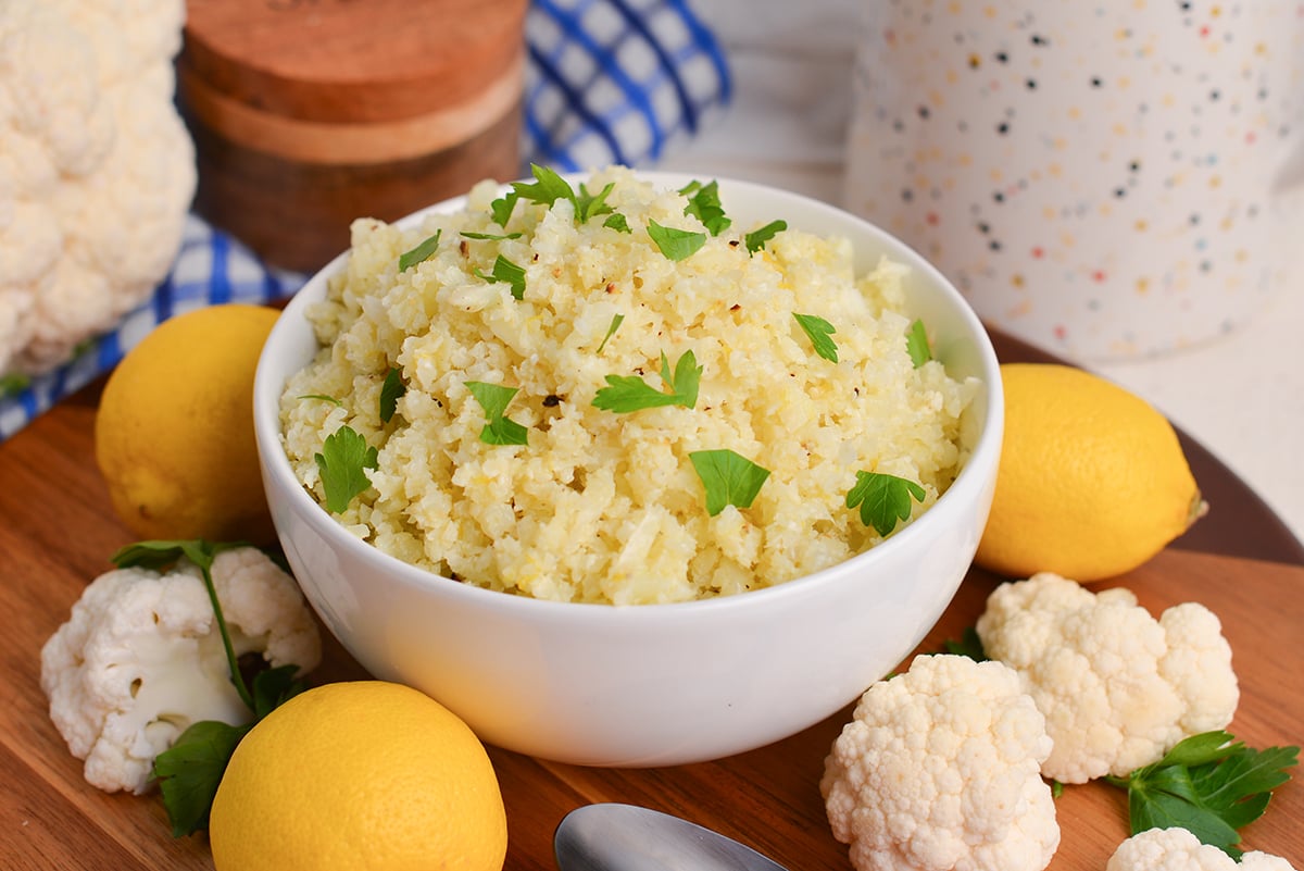 angled shot of bowl of cauliflower rice