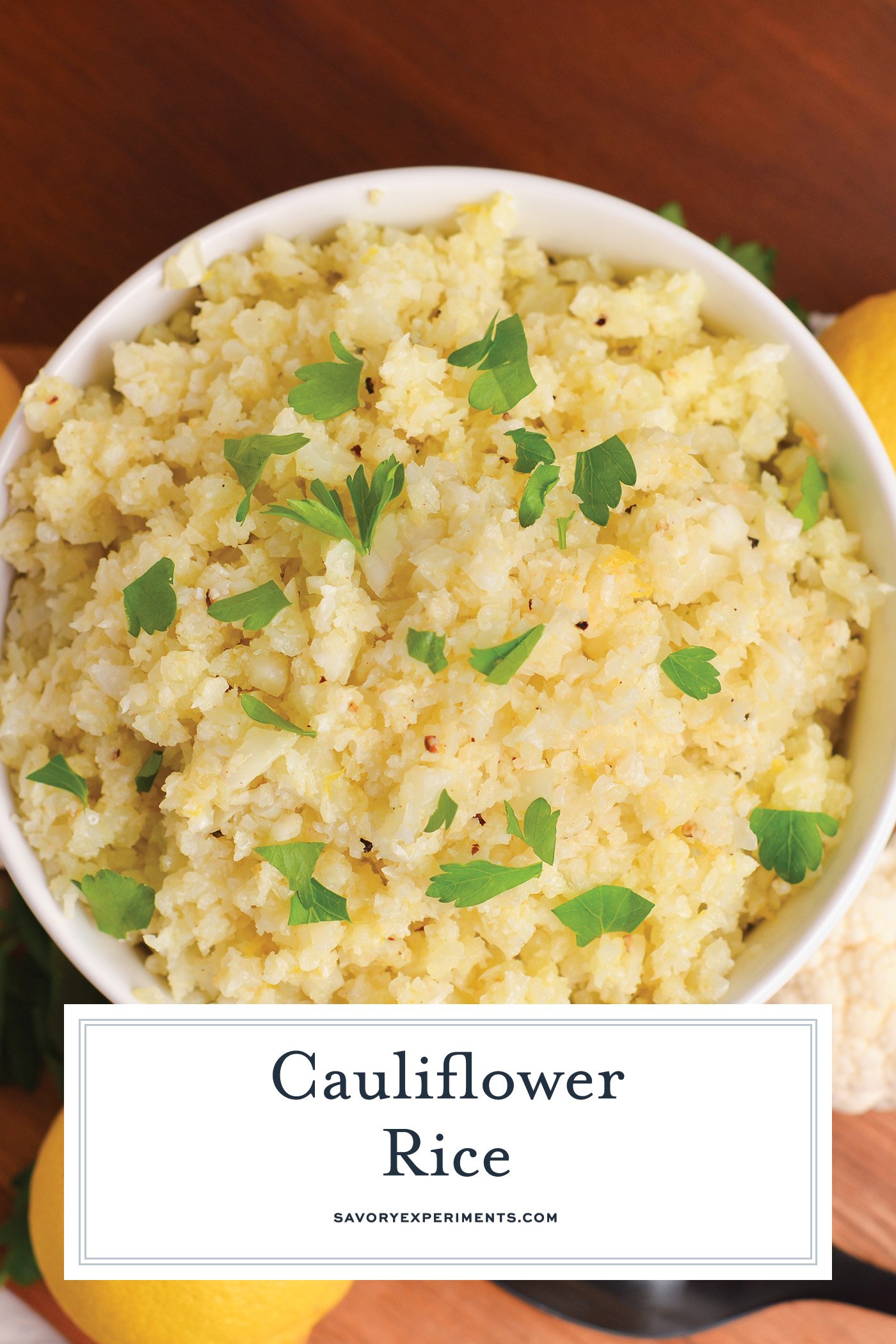 overhead shot of bowl of cauliflower rice with text overlay for pinterest