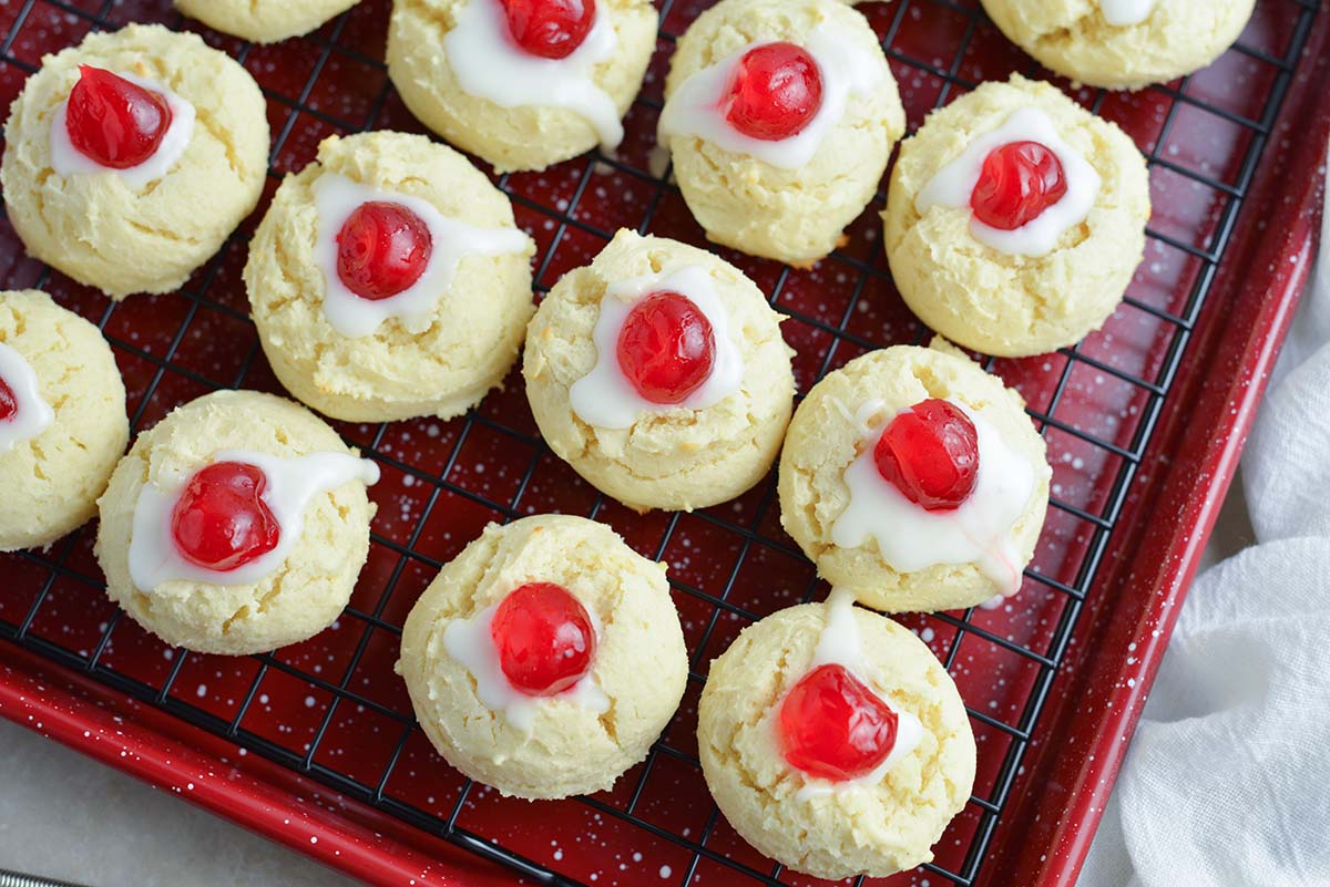 overhead of cherry cheesecake cookies cooling