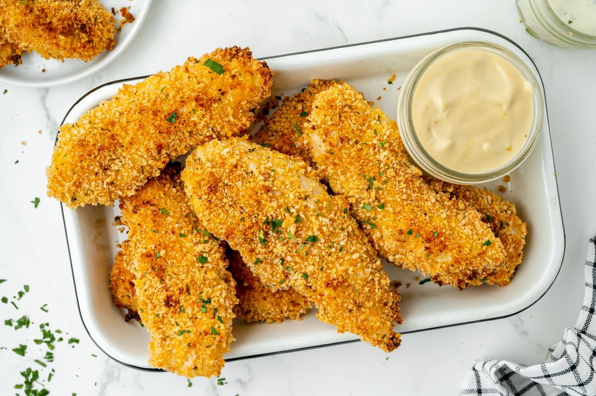 overhead shot of tray of crispy baked chicken tenders