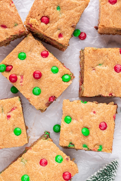 overhead shot of cut christmas blondies