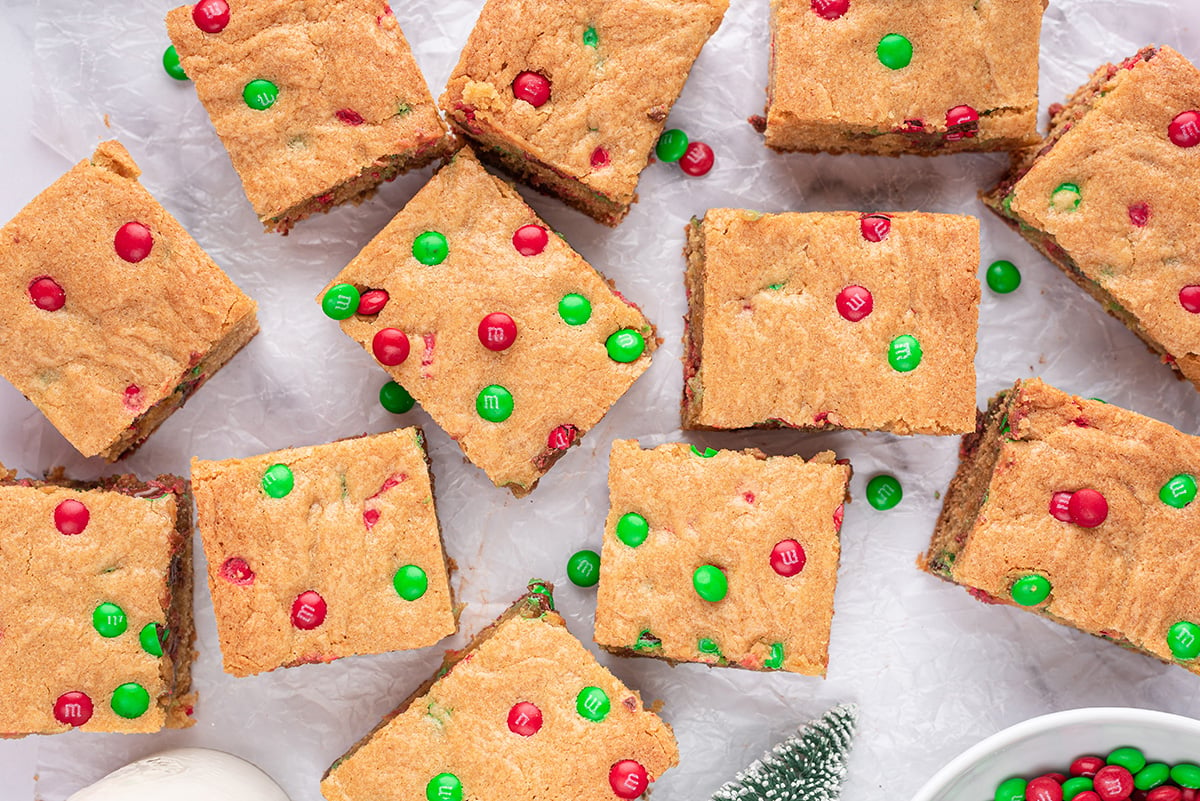 overhead shot of cut christmas blondies