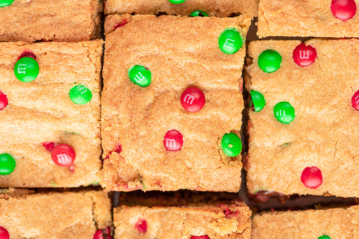 close up overhead shot of cut christmas blondies