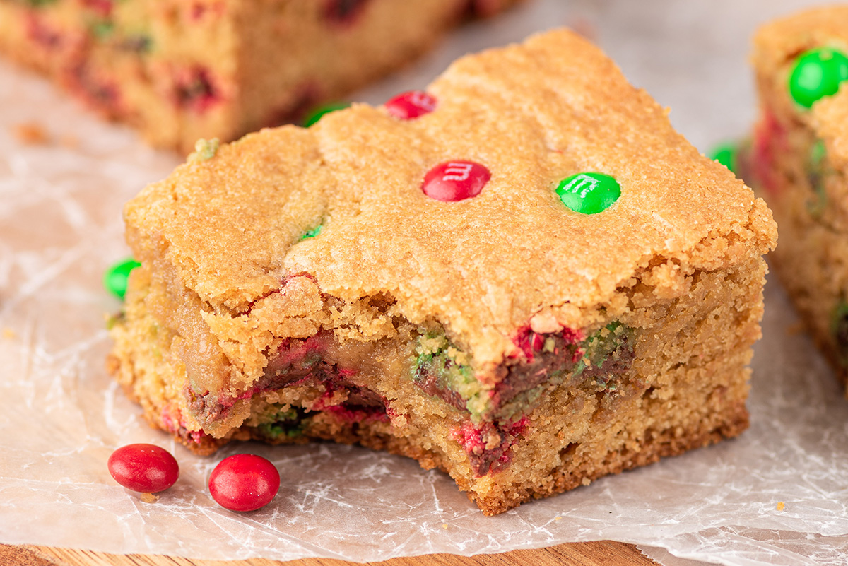 close up of bite taken out of christmas blondie