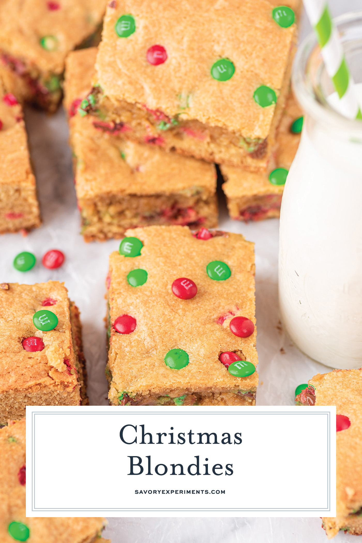 angled shot of christmas blondies with text overlay for pinterest