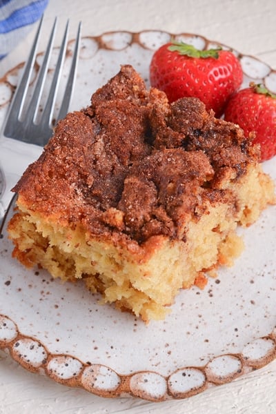 close up angled shot of cinnamon sugar biscuit on plate