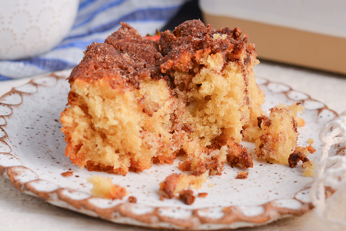 close up shot of bite taken out of cinnamon sugar biscuit