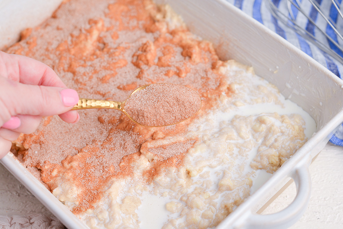 spoon sprinkling cinnamon sugar on biscuit dough