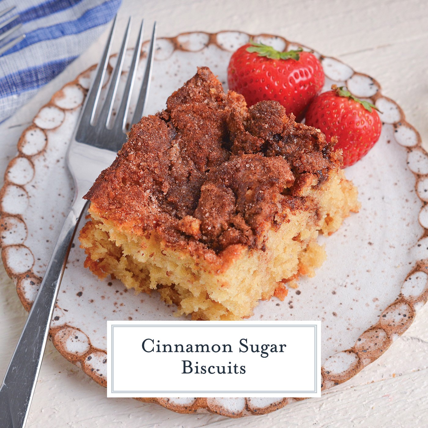 angled shot of cinnamon sugar biscuit on plate with text overlay for facebook