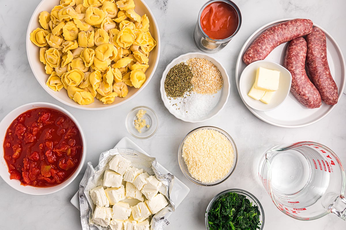 overhead shot of tortellini and sausage soup