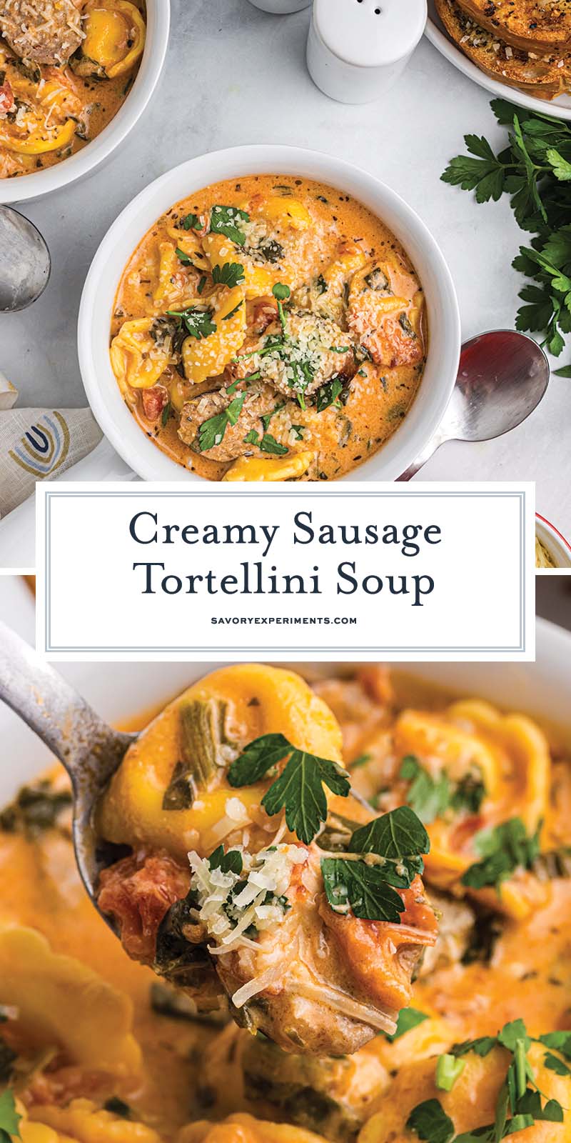 collage of tortellini and sausage soup for pinterest