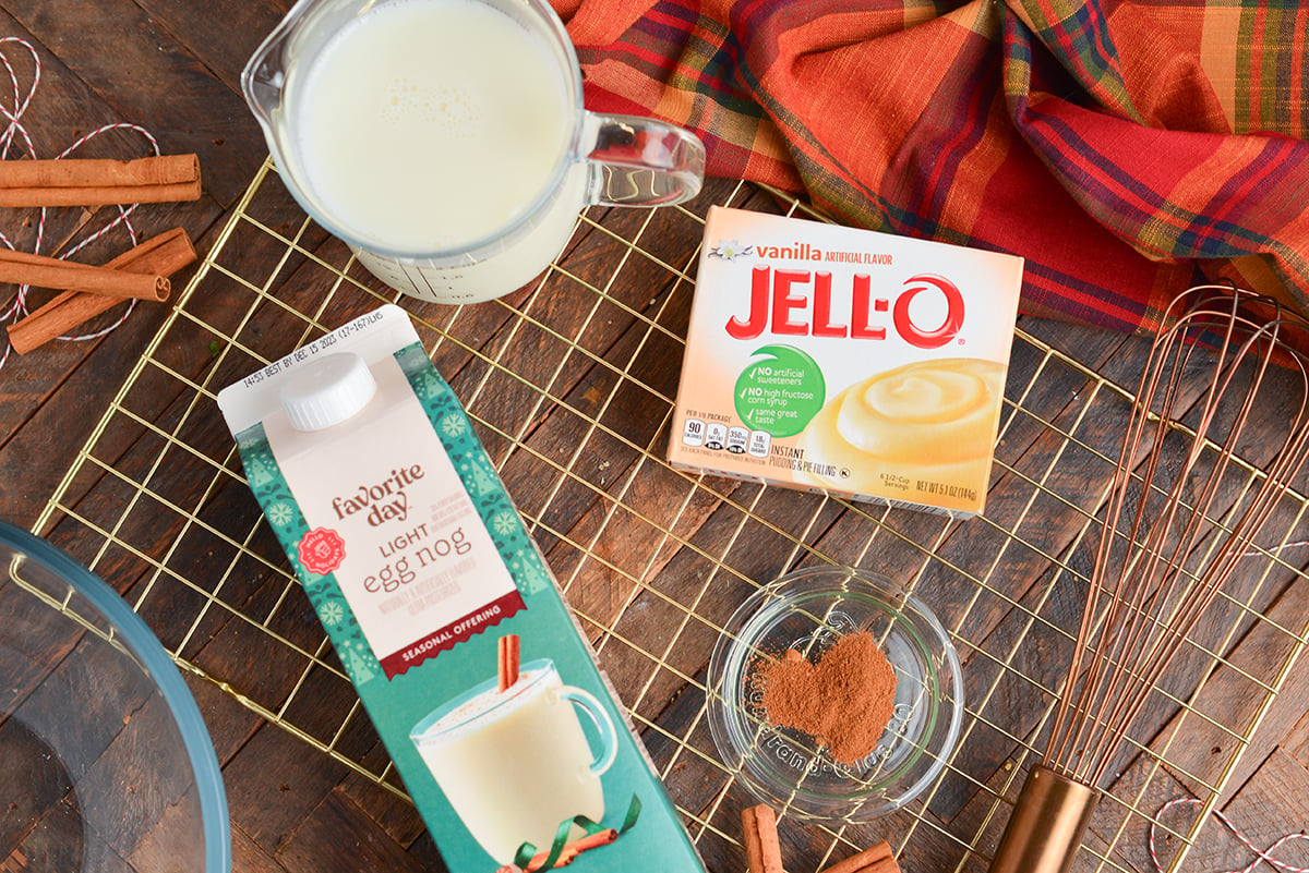 overhead shot of eggnog pudding ingredients