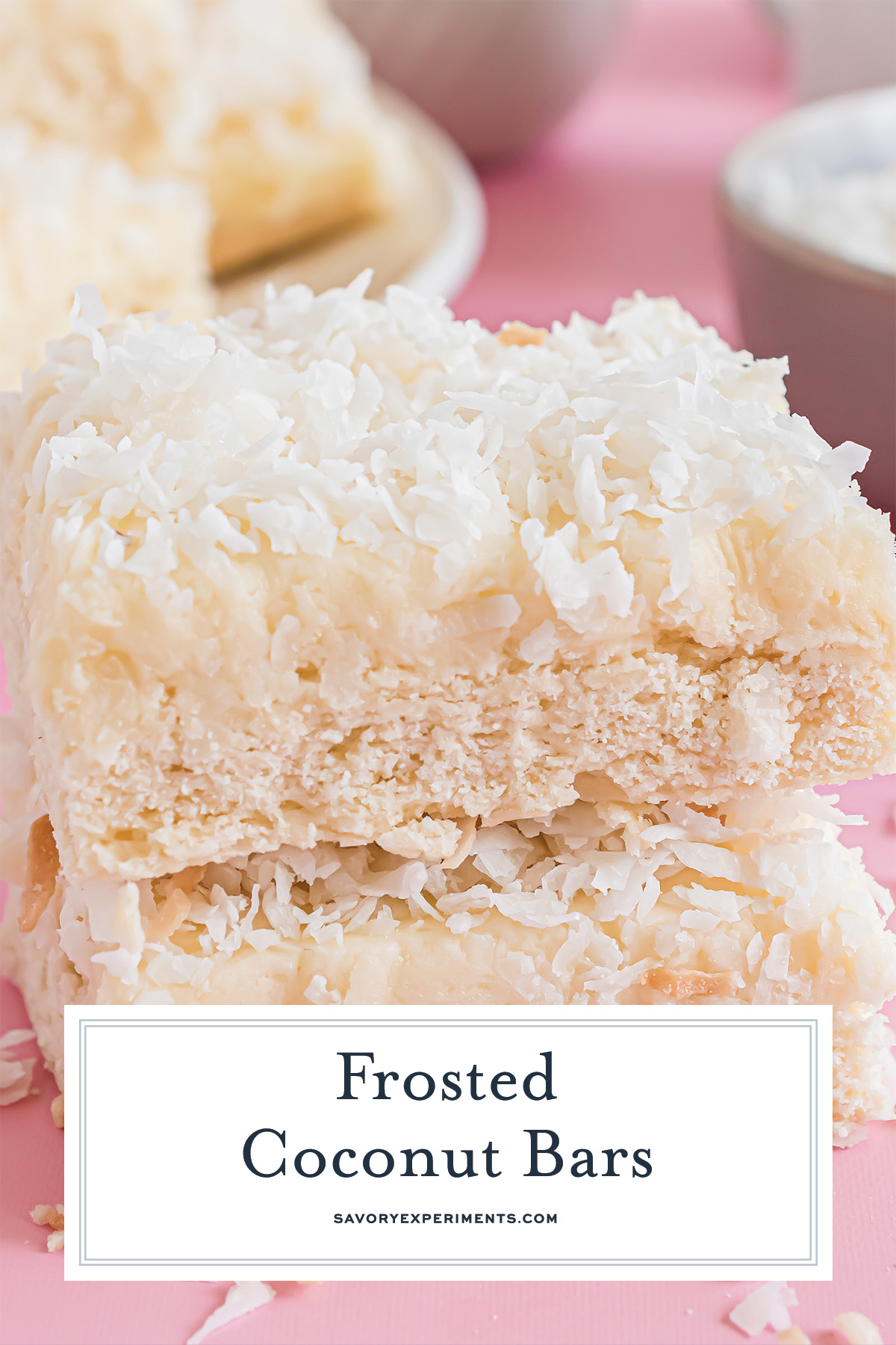 stacked frosted coconut bars with text overlay