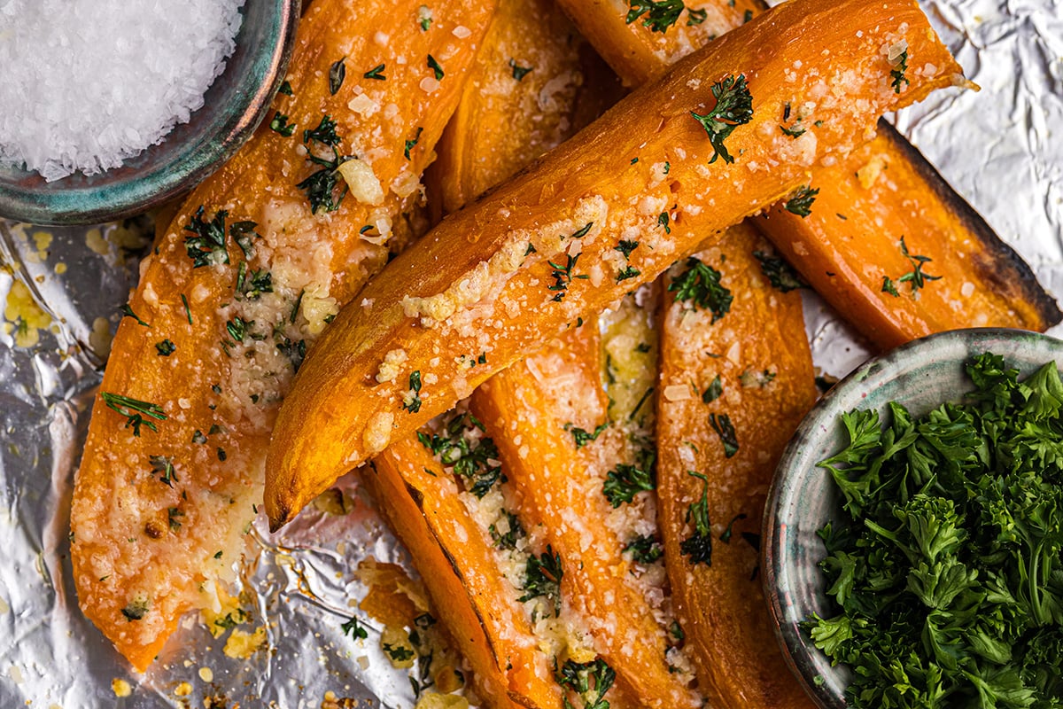 close up overhead shot of baked sweet potato fries