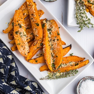 overhead shot of platter of baked sweet potato fries