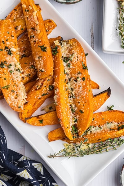 overhead shot of platter of baked sweet potato fries