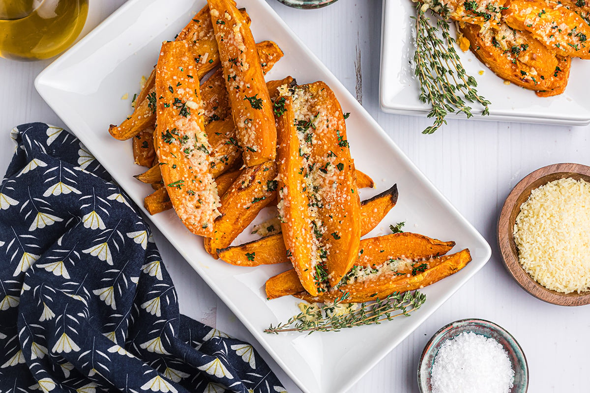 overhead shot of platter of baked sweet potato fries