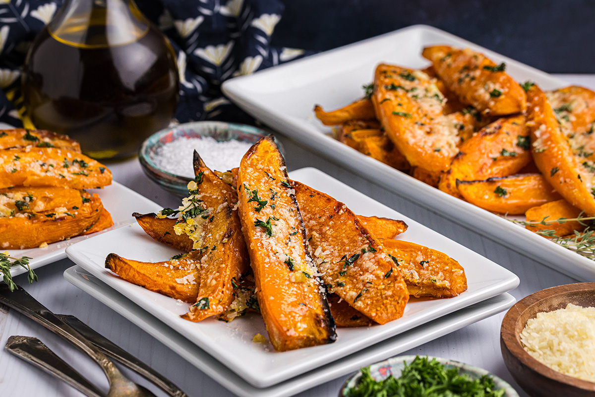 angled shot of plate of baked sweet potato fries