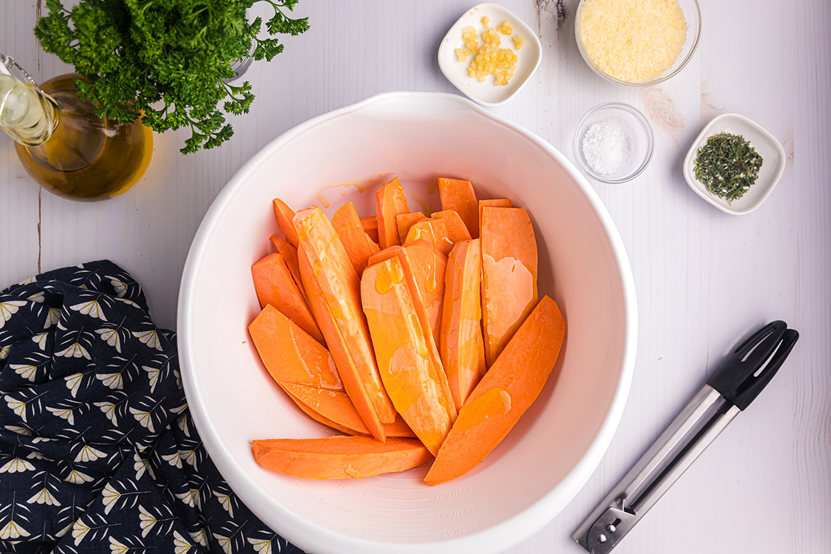 bowl of sweet potatoes and olive oil