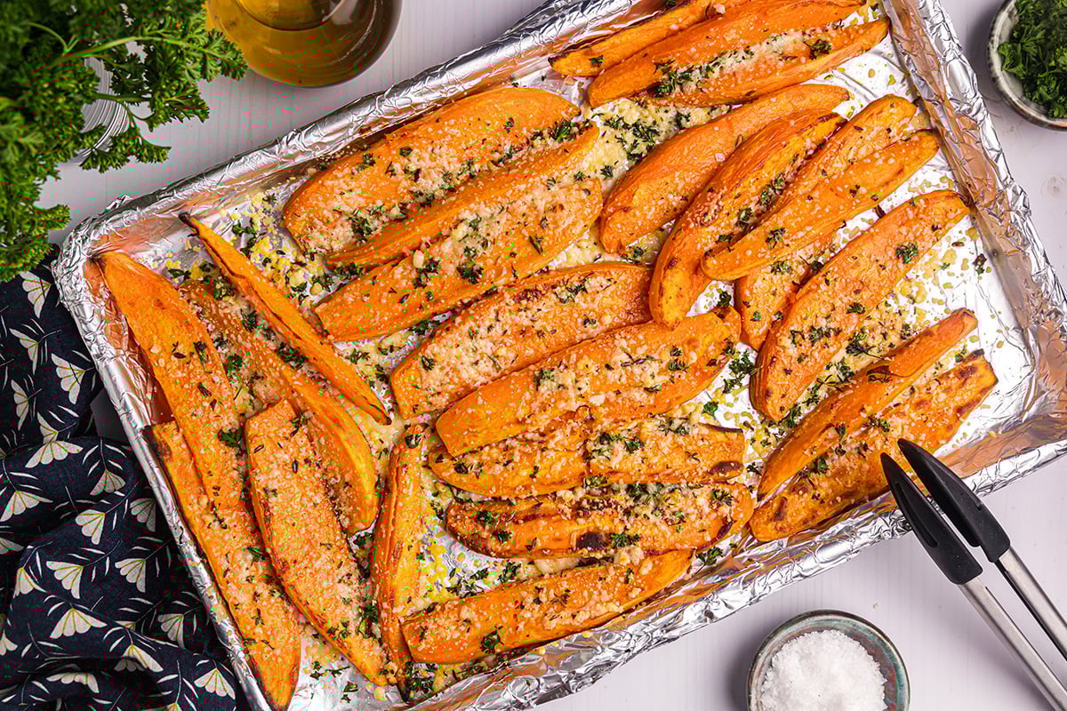 overhead shot baked sweet potato fries