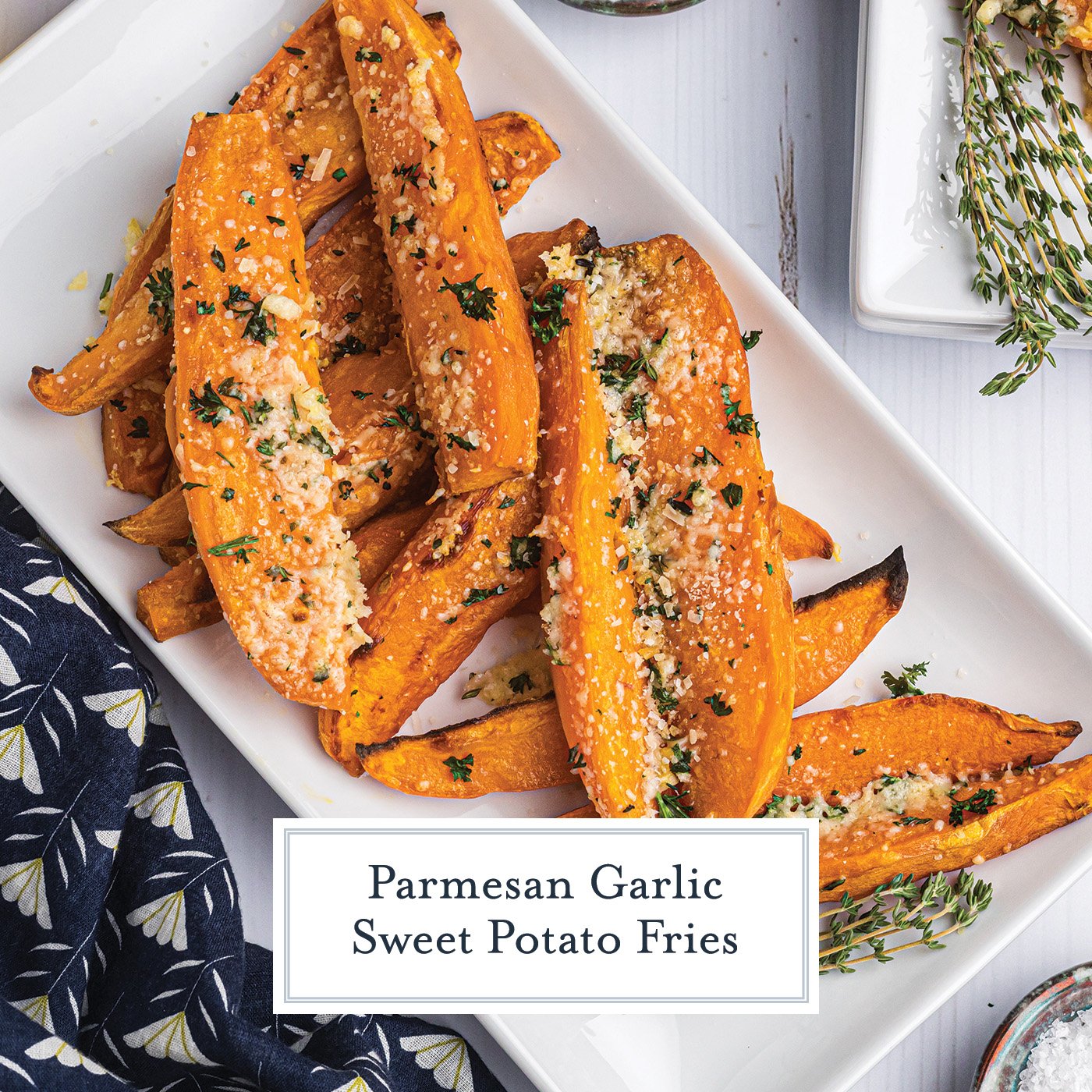 overhead shot of platter of baked sweet potato fries with text overlay for facebook