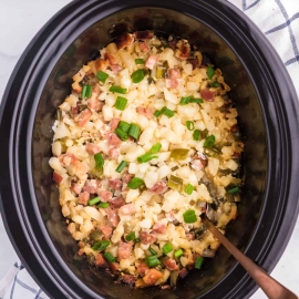 overhead shot of ham and potato hash in slow cooker