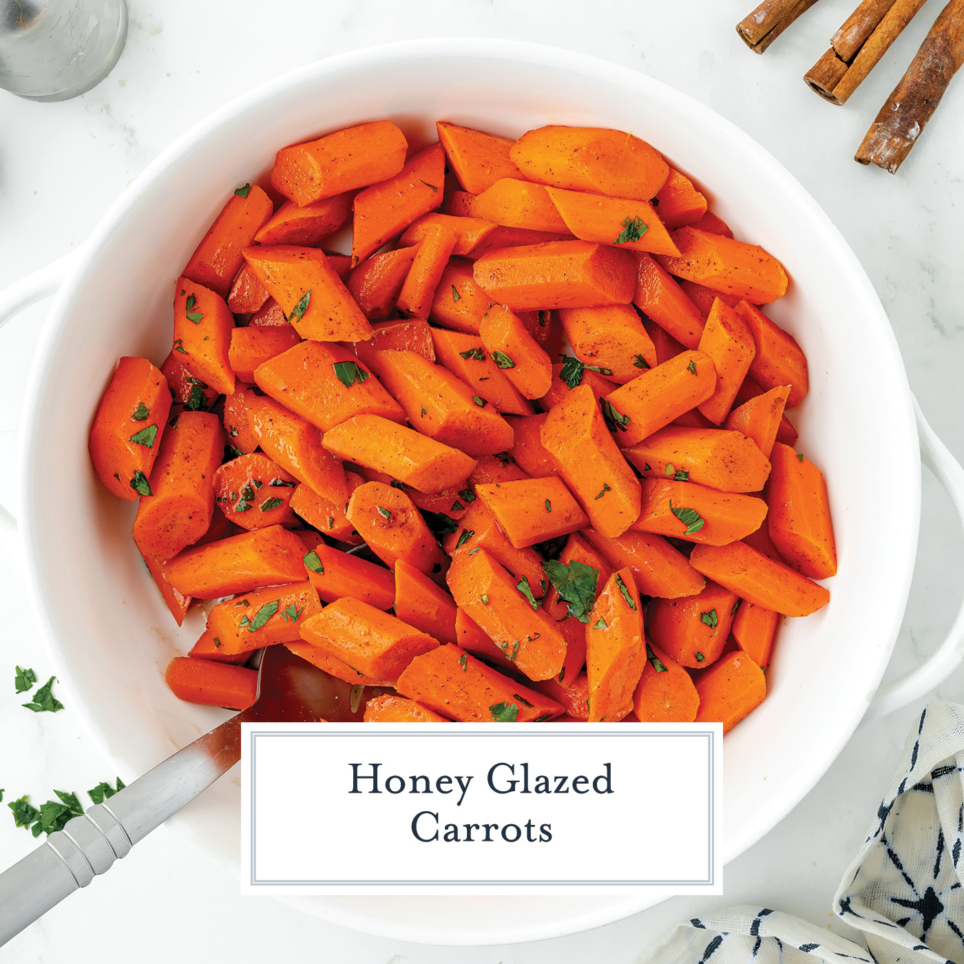 overhead shot of carrots in serving bowl with text overlay for facebook