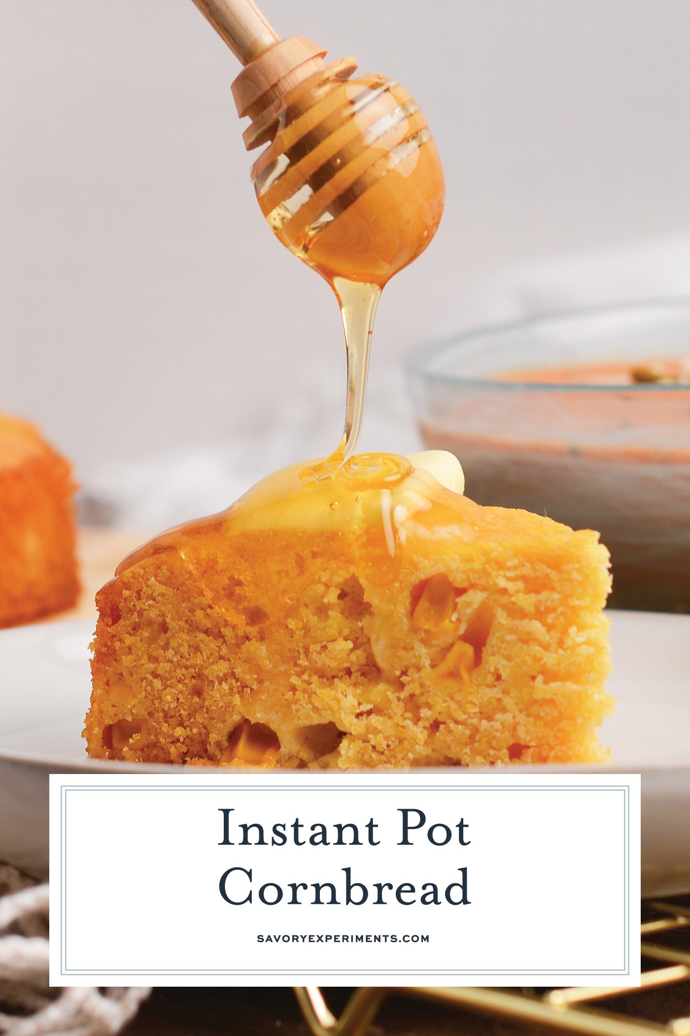 honey drizzling over cornbread slice with text overlay for pinterest