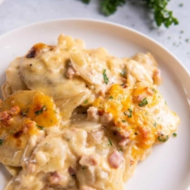 overhead shot of plate of instant pot scalloped potatoes