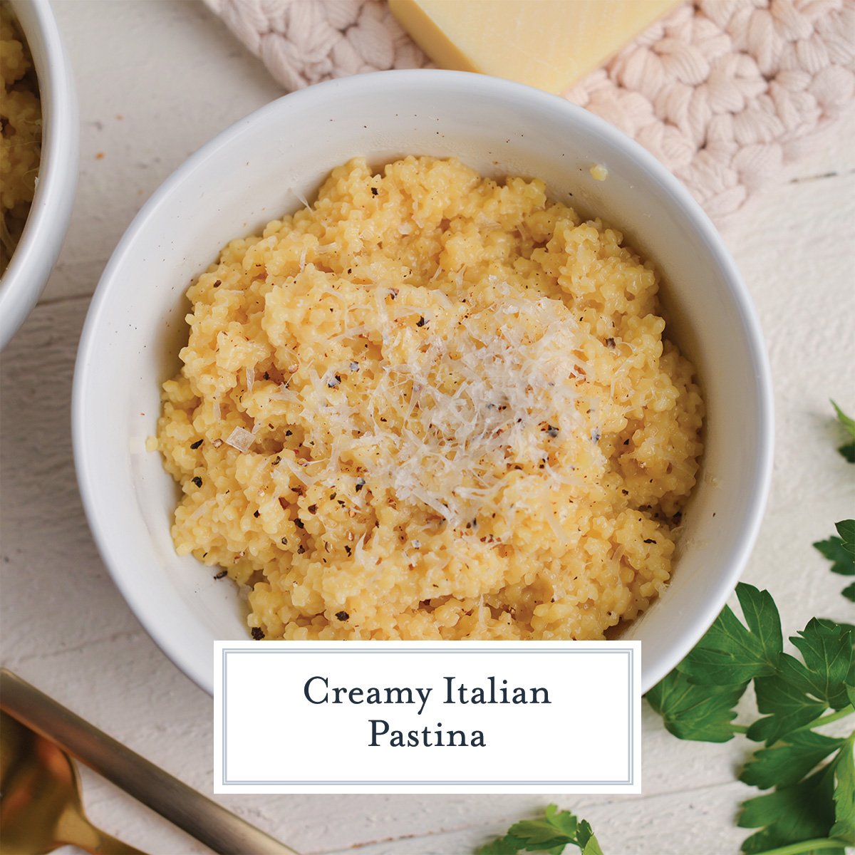 overhead bowl of pastina pasta with freshly grated parmesan cheese