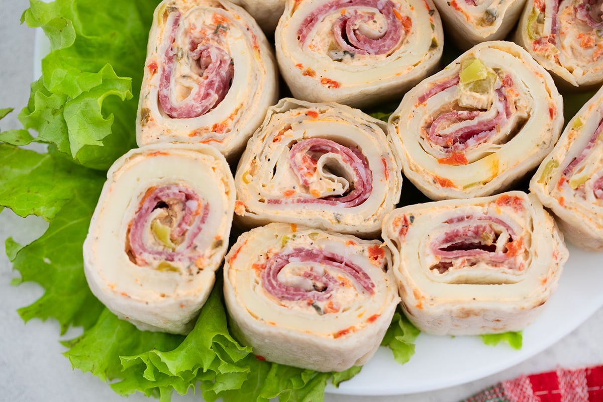 overhead shot of platter of italian pinwheels