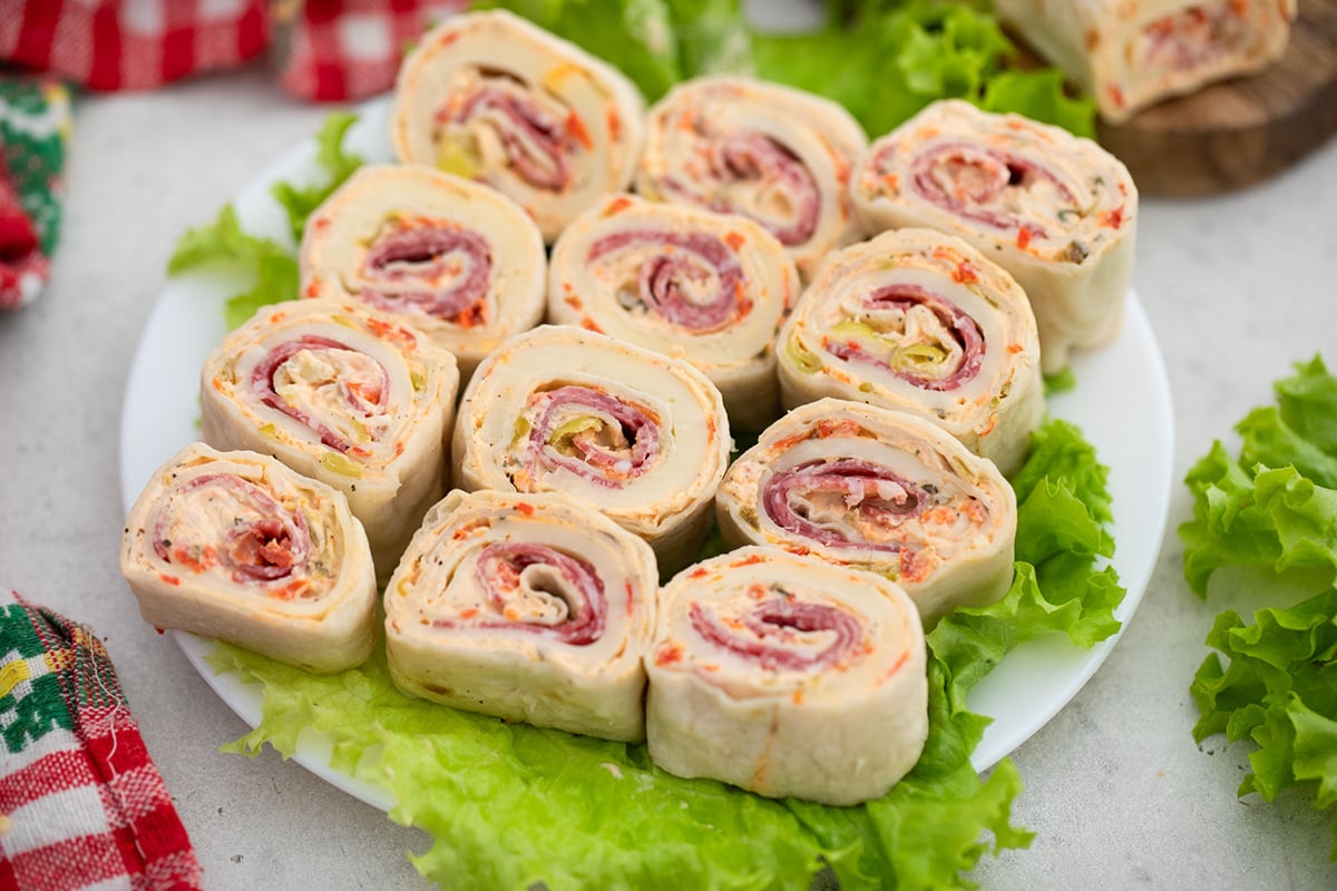 angled shot of plate of italian pinwheels