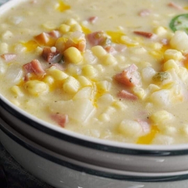 close up angled shot of bowl of jalapeno corn chowder