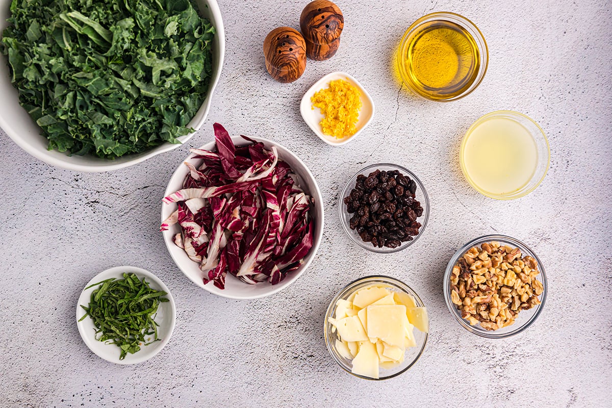 overhead shot of kale salad ingredients