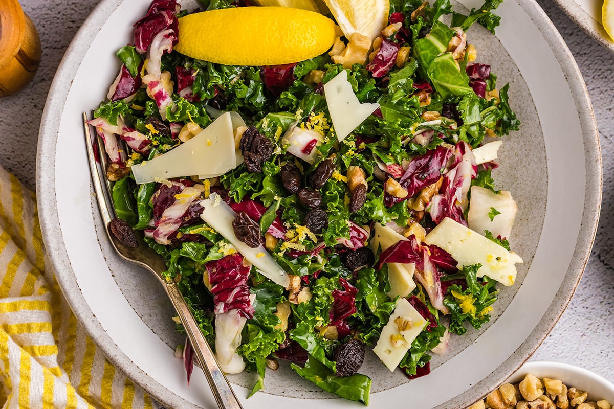 overhead shot of bowl of kale salad