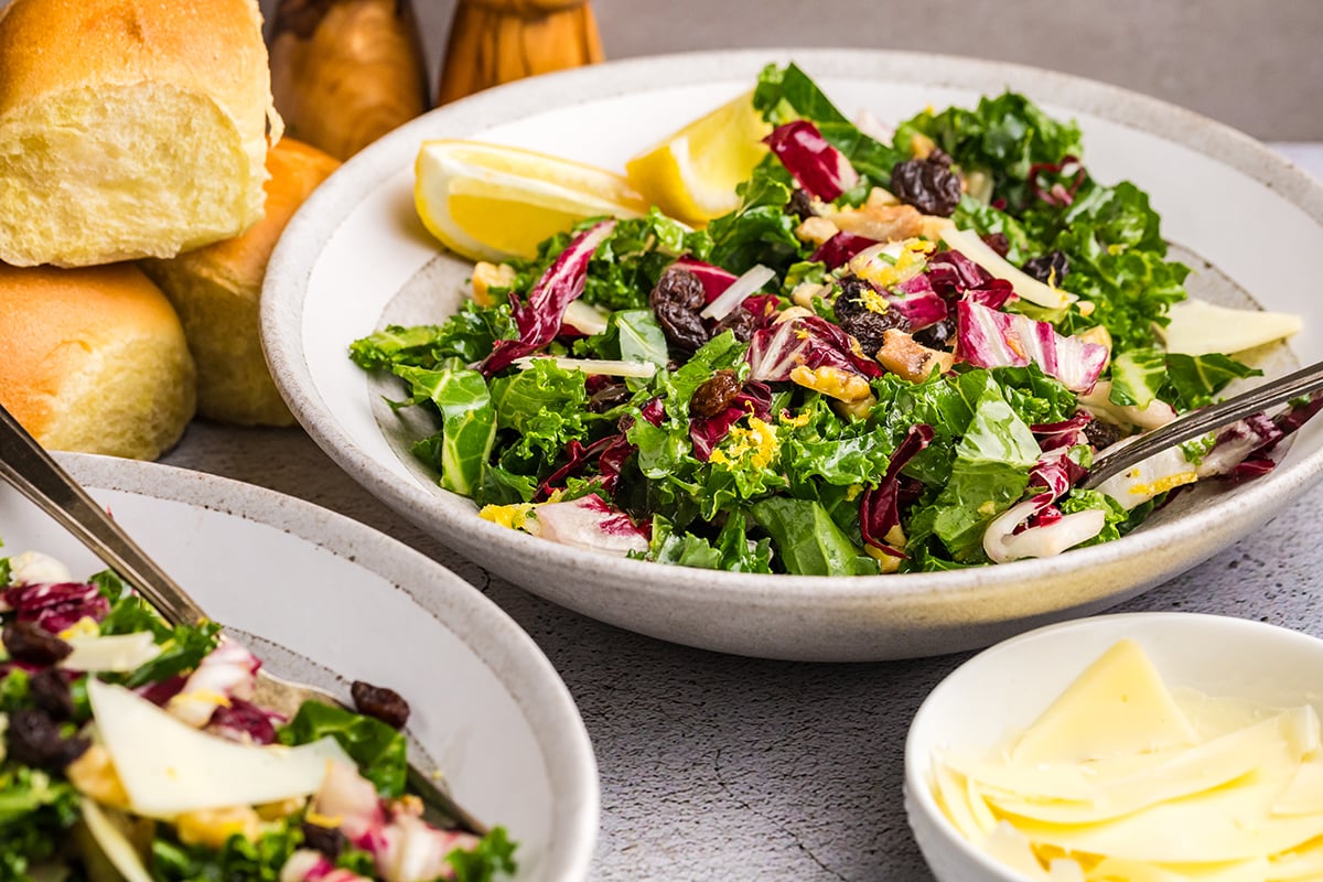 straight on shot of bowl of kale salad