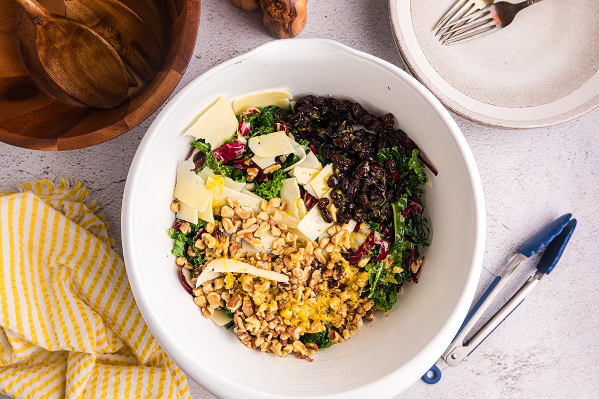 kale salad ingredients in a bowl