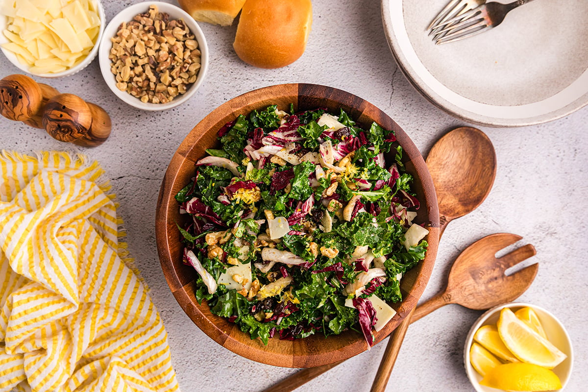 overhead shot of bowl of tossed salad