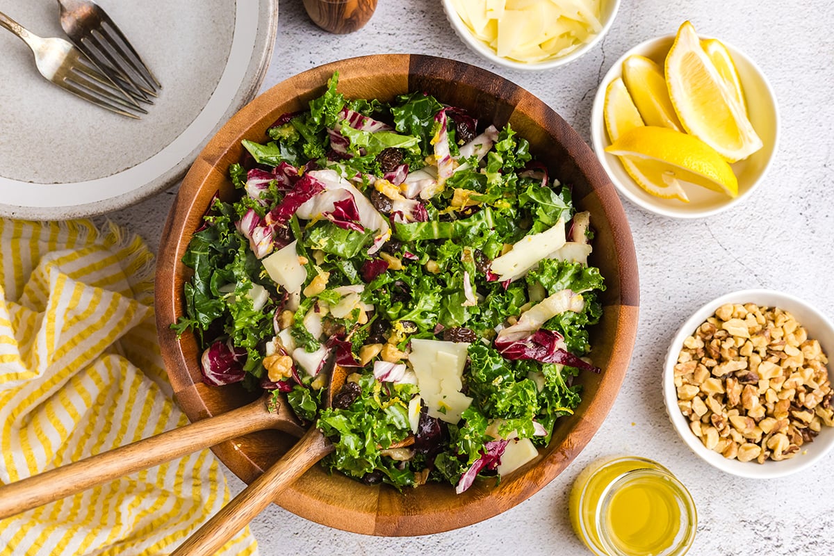 overhead shot of bowl of salad