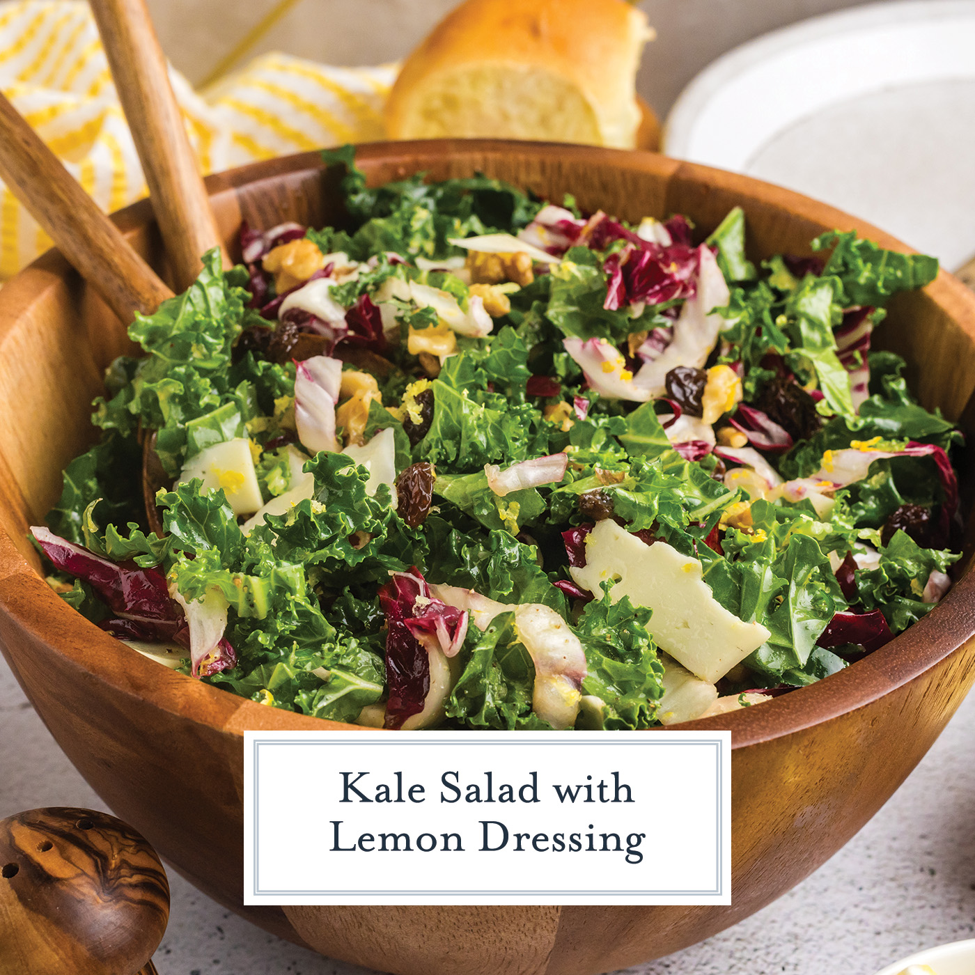 angled shot of bowl of kale salad with text overlay for facebook