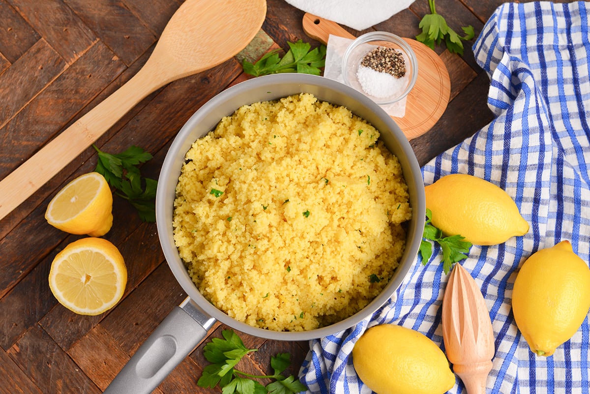 overhead shot of lemon couscous in pan