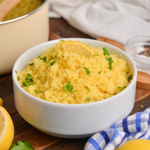 close up angled shot of bowl of lemon couscous