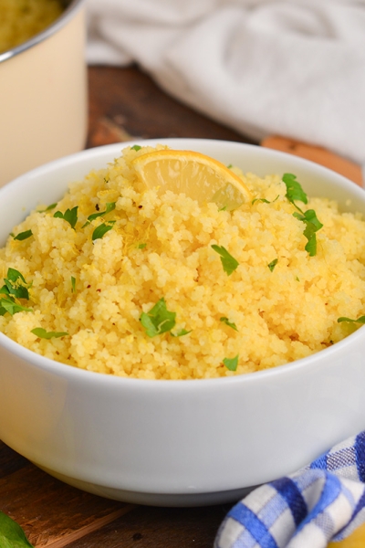 close up angled shot of bowl of lemon couscous